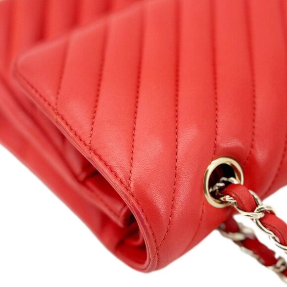 Chanel  Classic Double Flap Medium Chevron Leather Shoulder Bag Orange - Picture 7 of 16